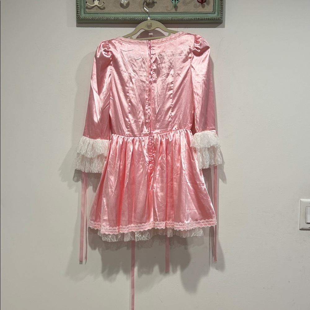 Dolls Kill Pink Satin white Lace French queen Mini Dress small women’s - Picture 7 of 7